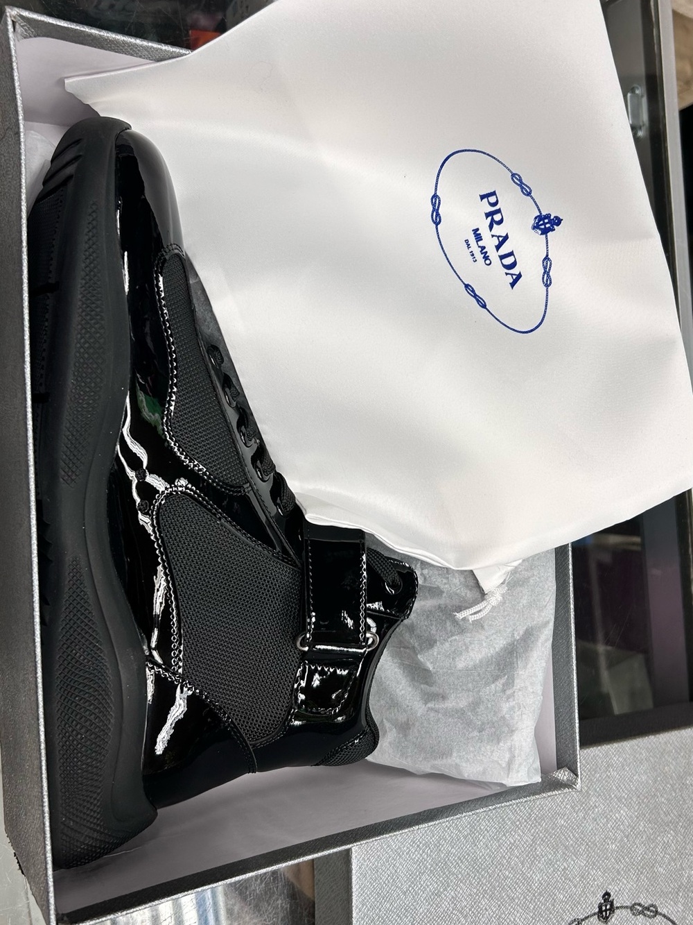 Prada Black High-Top Patent & Mesh Sneaker